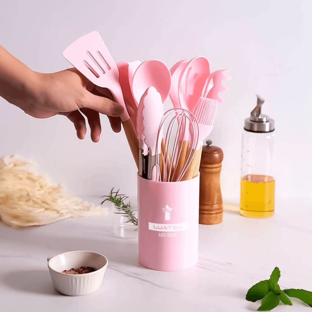 KIT de Utensílios Para Cozinha em Silicone e Bambu 12 Peças