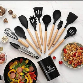 KIT de Utensílios Para Cozinha em Silicone e Bambu 12 Peças